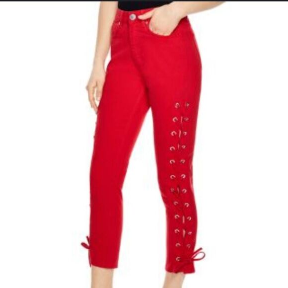 Sandro Paris Hadera Lace Up Jeans Size FR 36 US 4 Red Cotton ASO Riverdale - Picture 1 of 13